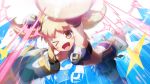  ;d armored_gloves bare_shoulders blonde_hair collar dudou flat_chest gauntlets giant_fist gloves looking_at_viewer midriff mika_(under_night_in-birth) official_art one_eye_closed open_mouth short_twintails smile twintails under_night_in-birth under_night_in-birth_exe:late[st] weapon yellow_eyes yon_(uni) 
