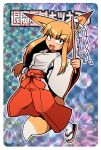  :d animal_humanoid blonde_hair breasts brown_eyes canine chest_wraps clothed clothing dipstick_ears dipstick_tail fangs female fox_humanoid hair hakama holding_object humanoid inner_ear_fluff japanese_clothing japanese_text kitsunemiko legwear long_hair mammal multicolored_tail open_mouth sakifox shrine_maiden socks solo tabi_socks text translation_request wraps 