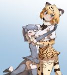  animal_ear_fluff animal_ears animal_print bare_shoulders blonde_hair blush bow bowtie center_frills closed_eyes commentary_request cowboy_shot elbow_gloves eyebrows_visible_through_hair face_to_breasts frilled_swimsuit frills fur_collar gloves grey_hair height_difference high-waist_skirt highres hug jaguar_(kemono_friends) jaguar_ears jaguar_print jaguar_tail kemono_friends multicolored_hair multiple_girls one-piece_swimsuit open_mouth otter_ears otter_tail r-one short_hair short_sleeves skirt small-clawed_otter_(kemono_friends) smile swimsuit tail thighhighs white_hair yellow_eyes zettai_ryouiki 