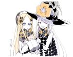  :o abigail_williams_(fate/grand_order) bangs black_bow black_dress black_hat blonde_hair blue_eyes blush bow bug butterfly commentary_request dress dual_persona eyebrows_visible_through_hair fate/grand_order fate_(series) forehead hair_bow hands_up hat hat_bow highres insect long_hair long_sleeves looking_at_viewer multiple_girls object_hug orange_bow pale_skin parted_bangs parted_lips polka_dot polka_dot_bow red_eyes revealing_clothes sharp_teeth simple_background sleeves_past_fingers sleeves_past_wrists sofra stuffed_animal stuffed_toy teddy_bear teeth topless traditional_media upper_body very_long_hair white_background white_hair witch_hat 