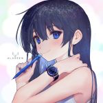  ainy77 bangs bare_shoulders blue_eyes blue_hair blue_nails commentary_request gradient gradient_background hair_between_eyes highres holding holding_pencil klasse14 logo long_hair mechanical_pencil nail_polish original pencil product_placement smile tank_top title upper_body watch wristwatch 