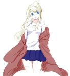  bangs bare_shoulders blonde_hair blue_eyes blue_skirt breasts clothes_lift coat cowboy_shot eyebrows_visible_through_hair floating_hair fullmetal_alchemist happy long_hair looking_away ponytail red_coat see-through shirt simple_background skirt sleeveless sleeveless_shirt smile solo thighs tsukuda0310 upper_body white_background white_shirt winry_rockbell 