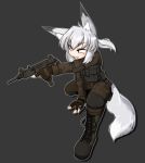  animal_humanoid boots canine clothed clothing dipstick_ears dipstick_tail female fingerless_gloves footwear fox_humanoid gloves grin gun hair holding_object holding_weapon humanoid inner_ear_fluff mammal multicolored_tail ranged_weapon sakifox sharp_teeth short_hair smile soldier solo teeth trigger_discipline weapon white_hair yellow_eyes 