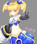  abs armored_gloves blonde_hair blue_bow blue_skirt bow dudou flat_chest gauntlets hair_ornament mika_(under_night_in-birth) rabittofaa short_twintails skirt smile twintails under_night_in-birth under_night_in-birth_exe:late[st] v yellow_eyes 