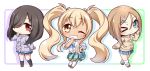  &gt;_o ;) bangs black_legwear blonde_hair blue_bow blue_eyes blue_skirt blush bow breasts brown_cardigan brown_footwear brown_hair cardigan cardigan_around_waist chibi closed_mouth clothes_around_waist collarbone collared_shirt commentary_request eyebrows_visible_through_hair full_body green_cardigan grin gyaru hair_between_eyes hair_ornament hair_over_one_eye hairclip hand_to_own_mouth hand_up head_tilt highres kneehighs kogal light_brown_hair loafers long_hair long_sleeves looking_at_viewer loose_socks medium_breasts multiple_girls one_eye_closed osonoi_maiko plaid plaid_skirt pleated_skirt puffy_long_sleeves puffy_sleeves purple_cardigan red_eyes shachoo. shadow shirt shoes sidelocks skirt sleeves_past_wrists smile standing sunohara_nana sunoharasou_no_kanrinin-san tan twintails uchifuji_mea very_long_hair white_background white_legwear white_shirt 