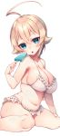  absurdres ahoge blazblue blonde_hair blue_eyes braid breasts es_(xblaze) food highres himegi_you large_breasts looking_at_viewer navel open_mouth popsicle simple_background single_braid sitting solo sweat wariza white_background xblaze 