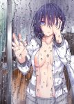  bangs black_hair blue_eyes blurry blurry_background breasts collarbone commentary_request covering_one_eye cowboy_shot from_outside highres hood hoodie looking_away melonbooks navel nipples no_bra open_clothes original rain short_hair solo standing suterii water_drop window 