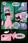  2018 4_fingers anthro black_nose black_stripes brown_nose canine comic cute dialogue digital_media_(artwork) dog duo english_text evil_grin female fur green_eyes grey_fur guard hair hi_res hybrid larger_male laugh male mammal nasty-pink pink_fur pink_tail procyonid raccoon red_eyes scarf simple_background size_difference sleeping smaller_female smile sparkles speech_bubble striped_tail stripes tanookin tanuki text wolf 