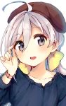  :d absurdres alternate_costume arm_up beret black_shirt blue_eyes blush bow brown_hat casual eyebrows_visible_through_hair furuderi_mayono grey_hair hair_between_eyes hair_bow hat head_tilt highres kantai_collection kiyoshimo_(kantai_collection) long_sleeves looking_at_viewer open_mouth round_teeth shirt simple_background smile solo teeth upper_body upper_teeth white_background wristband yellow_bow 