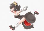  absurdres aoiumi_youtuber bare_shoulders black_dress black_footwear black_hair breasts bullet_bill cleavage crown dress earrings elbow_gloves frilled_dress frills full_body gloves highres jewelry mario_(series) new_super_mario_bros._u_deluxe open_mouth pointy_ears running short_hair simple_background solo super_crown white_gloves 