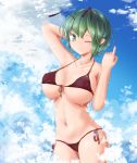  adda antennae areola_slip areolae arm_behind_head bikini breasts cloud collarbone commentary_request covered_nipples cowboy_shot day eyebrows_visible_through_hair green_eyes green_hair large_breasts micro_bikini navel one_eye_closed pointing pointing_up short_hair side-tie_bikini smile strap_gap swimsuit touhou underboob wriggle_nightbug 