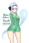  absurdres bare_legs black_hairband blush breasts commentary_request english eyebrows_visible_through_hair green_eyes green_sweater hairband hands_on_own_chest highres konpaku_youmu konpaku_youmu_(ghost) looking_at_viewer no_pants silver_hair simple_background small_breasts smile solo sweater thank_you thighs touhou watari1118 white_background 
