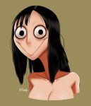  8-tomb big_eyes black_eyes black_hair breasts cleavage clothed clothing female grin hair headshot_portrait humanoid light_skin long_hair looking_at_viewer momo_(creepypasta) not_furry pale_skin portrait smile wide_eyed 