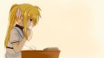  blonde_hair brown_eyes desk dress eyebrows_visible_through_hair fate_testarossa from_side hair_ribbon holding holding_pen kerorokjy long_hair lyrical_nanoha mahou_shoujo_lyrical_nanoha pen ribbon seishou_elementary_school_uniform shiny shiny_hair short_sleeves simple_background sitting solo twintails upper_body white_background white_dress white_ribbon 