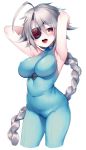  absurdres ahoge armpits arms_behind_head arms_up blazblue blush bodysuit braid breasts covered_navel eyepatch highres himegi_you large_breasts long_hair looking_at_viewer nu-13 open_mouth red_eyes silver_hair simple_background single_braid skin_tight solo white_background 