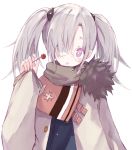  :o bangs blue_jacket blush brown_scarf buran_(kure) commentary_request eyebrows_visible_through_hair food fur-trimmed_jacket fur_trim girls_frontline glasses grey_hair grey_jacket hair_over_one_eye hand_up head_tilt highres hk21_(girls_frontline) holding holding_food holding_lollipop jacket long_hair long_sleeves looking_at_viewer open_clothes open_jacket parted_lips pinching_sleeves purple_eyes round_eyewear scarf sidelocks simple_background sleeves_past_wrists solo twintails upper_body white_background 