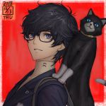  1boy amamiya_ren backpack bag black-framed_eyewear black_cat black_hair cat character_request dated from_side glasses highres ikeda_(cpt) jacket looking_at_viewer looking_to_the_side parted_lips persona persona_5 purple_eyes purple_jacket red_background smile solo turtleneck upper_body 