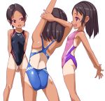  ass blush breasts brown_hair child competition_swimsuit mole mole_under_eye mole_under_mouth multiple_girls one-piece_swimsuit one-piece_tan open_mouth original red_eyes short_hair small_breasts smile stretch sushoyushi swimsuit tan tanline 