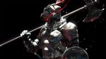  armor artist_name black_background buckler chainmail fur_trim gloves glowing glowing_eyes goblin_slayer goblin_slayer! helmet highres knight kuroi_enpitsu looking_to_the_side polearm poleaxe red_eyes shield simple_background solo upper_body weapon 
