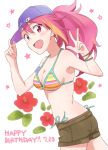  :d bikini blue_hat blush breasts brown_ribbon brown_shorts cleavage collarbone cowboy_shot demirinz from_side hair_between_eyes happy_birthday hat highlights idolmaster idolmaster_million_live! long_hair looking_at_viewer maihama_ayumu medium_breasts multicolored_hair open_mouth pink_hair ponytail red_eyes ribbon short_shorts shorts side-tie_bikini sideboob smile solo standing striped_bikini_top swimsuit w white_background wrist_ribbon 