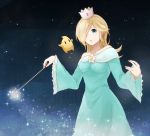  blonde_hair blue_dress blue_eyes chiko_(mario) collarbone crown dress earrings hair_over_one_eye holding holding_wand jewelry kurage_(11649021) long_dress long_hair looking_at_viewer mario_(series) mini_crown off-shoulder_dress off_shoulder open_mouth parted_bangs rosetta_(mario) sky star star_(sky) starry_sky super_mario_bros. super_mario_galaxy wand 