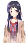  :| ai-chan_(pixiv29351299) arms_at_sides black_eyes black_hair blush closed_mouth commentary_request hair_over_shoulder hair_ribbon highres long_hair looking_at_viewer oribe_ririko red_ribbon ribbon sakura_quest solo upper_body white_background white_ribbon 