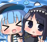  &gt;_&lt; 2girls :d animal baseball_cap black_capelet black_eyes black_gloves black_hair black_hat blue_hair blush capelet chibi collar commentary_request copyright_request eyes_closed facing_viewer fish gloves hana_kazari hat jellyfish long_hair looking_at_viewer multiple_girls open_mouth red_collar shirt sleeveless sleeveless_shirt smile spiked_collar spikes v virtual_youtuber water white_shirt xd 