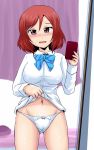  ass_visible_through_thighs bangs blue_neckwear blush bow bow_panties breasts cameltoe cellphone commentary_request covered_nipples cowboy_shot crotch_seam curtains diagonal-striped_neckwear dress_shirt eyebrows_visible_through_hair highres holding holding_cellphone holding_phone homare_(suzu_no_oka) indoors looking_at_viewer love_live! love_live!_school_idol_project medium_breasts mirror navel nishikino_maki no_pants open_mouth panties phone purple_eyes red_hair reflection self_shot shirt short_hair smartphone smile solo standing sweatdrop swept_bangs thighs underwear white_panties white_shirt wing_collar 