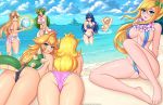  2019 beach bikini blonde_hair blue_eyes blue_hair blush bowsette_meme breasts butt cleavage clothed clothing cloud digital_media_(artwork) eyelashes feet female fire_emblem green_eyes green_hair group hair hair_over_eye hi_res holding_object human humanoid inflatable kid_icarus lei long_hair looking_at_viewer looking_back lucina lying mammal mario_bros metroid navel nintendo on_front open_mouth open_smile outside palutena partially_submerged pasties pointy_ears ponytail princess_peach princess_zelda rosalina_(mario) samus_aran seaside sitting sling_bikini smile standing super_crown super_mario_galaxy swimsuit the_legend_of_zelda twistedscarlett60 video_games water 
