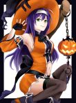  aplche belt black_gloves blue_hair closed_mouth commentary_request detached_sleeves fingerless_gloves fire_emblem fire_emblem:_souen_no_kiseki fire_emblem_heroes gloves green_eyes halloween_costume hat headband jack-o'-lantern long_hair navel navel_cutout smile solo wayu_(fire_emblem) white_headband witch_hat 