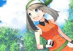  :d bangs blue_eyes brown_hair cloud day gloves green_bandana haruka_(pokemon) highres holding holding_poke_ball long_hair open_mouth outdoors parted_bangs poke_ball pokemon pokemon_(game) pokemon_emerald pokemon_rse premier_ball sleeveless smile solo upper_body wristband yuihiko 