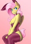  anthro anthrofied blush breasts captainpudgemuffin choker clothed clothing collar corset edit fake_ears fake_rabbit_ears female fluttershy_(mlp) friendship_is_magic hair hi_res legwear lingerie looking_at_viewer mammal mostly_nude my_little_pony nipples nude partially_clothed pink_background shirt_cuffs short_tail simple_background smile solo stockings thigh_highs tuft wings 