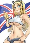  absurdres alternate_costume blonde_hair blue_eyes bottle breasts commentary_request cowboy_shot flag hairband hand_on_hip headgear highres kantai_collection large_breasts long_hair looking_at_viewer nelson_(kantai_collection) open_fly short_shorts shorts solo soushou_nin tank_top underboob union_jack work_in_progress 