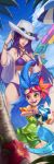  absurdres beach bikini blue_hair blue_sky breasts caitlyn_(league_of_legends) cleavage cloud frilled_swimsuit frills green_swimsuit hat heterochromia highres league_of_legends multiple_girls open_clothes pool_party_caitlyn pool_party_zoe purple_bikini purple_eyes purple_hair sky squidsmith sunglasses swimsuit water_gun zoe_(league_of_legends) 