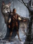  angry arya_stark black_nose canine clothing female feral fur game_of_thrones hair human male mammal monsterling_(artist) nymeria teeth tree wolf yellow_eyes 