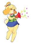 animal_crossing anthro bell big_ears blush canine clothed clothing cute dog eyes_closed female floppy_ears fur isabelle_(animal_crossing) mammal nintendo open_mouth paperose party_popper shih_tzu shirt simple_background skirt smile solo standing thick_thighs video_games white_background wide_hips 