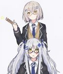  alternate_costume alternate_hairstyle blush check_commentary comb commentary commentary_request echj girls_frontline glasses green_eyes grey_hair highres hk416_(girls_frontline) multiple_girls necktie school_uniform twintails uniform vector_(girls_frontline) white_hair yellow_eyes 