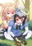  :3 animal_ears backlighting bangs black_hair black_neckwear black_skirt blonde_hair blue_shirt bodystocking bow bowtie brown_eyes bush commentary_request common_raccoon_(kemono_friends) day eyebrows_visible_through_hair fang fennec_(kemono_friends) fox_ears fox_tail frown fur_collar gloves grass grey_hair hand_on_another's_shoulder head_wreath highres holding kemono_friends kneeling leaning_forward maruhitarou miniskirt multicolored_hair multiple_girls open_mouth orange_neckwear outdoors pantyhose pink_sweater pleated_skirt puffy_short_sleeves puffy_sleeves raccoon_ears raccoon_tail shirt short_hair short_sleeves sitting skirt smile sweater tail tree v-neck white_legwear white_skirt 