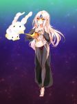  aladdin_(disney) code:_nemesis_(elsword) creature elsword eve_(elsword) facial_mark forehead_jewel full_body highres jinhong3w3 lamp long_hair sarashi see-through silver_hair smoke yellow_eyes 