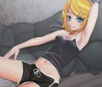  1girl arm_behind_head arm_up armad armpits bangs bare_shoulders black_shirt black_shorts blonde_hair blue_eyes blush breasts closed_mouth collarbone couch cushion female grey_background hair_ornament hairband hairclip happy indoors kagamine_rin light_blush looking_at_viewer midriff navel reclining shiny shiny_skin shirt short_hair short_shorts shorts sitting sleeveless sleeveless_shirt small_breasts smile solo spaghetti_strap swept_bangs tank_top vocaloid white_hairband 