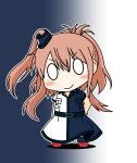  absurdres alternate_costume blush_stickers brown_hair chibi commentary_request doyagao gradient gradient_background highres kantai_collection kinoko_(benitengudake) long_hair looking_at_viewer remodel_(kantai_collection) saratoga_(kantai_collection) simple_background smile smug solo two-tone 