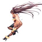  absurdres aoi_nagisa_(metalder) ass bangs bare_shoulders blush brown_hair covering covering_breasts dark_skin fishnets from_behind full_body fur_trim high_heels highres leg_up long_hair looking_at_viewer looking_back mizuki_yukikaze official_art open_mouth purple_eyes shiny shiny_hair shiny_skin simple_background taimanin_(series) taimanin_yukikaze tan tanline thighhighs thighs torn_clothes white_background 