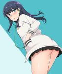  ass bangs black_hair blue_eyes blush cardigan commentary_request earphones eyebrows_visible_through_hair from_behind hands_in_pockets honda_naoki legs_together long_hair long_sleeves looking_at_viewer looking_back open_mouth school_uniform shiny shiny_hair shiny_skin shirt skirt solo ssss.gridman standing takarada_rikka thighs white_shirt 