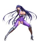  absurdres akiyama_rinko aoi_nagisa_(metalder) arm_guards bangs bodysuit breasts commentary_request covered_navel high_heels highres large_breasts lilith-soft long_hair nipples official_art purple_eyes purple_hair shiny shiny_clothes shiny_hair shiny_skin solo taimanin_(series) taimanin_yukikaze thighhighs torn_bodysuit torn_clothes 