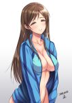  bangs blue_jacket blush breasts brown_eyes brown_hair cleavage closed_mouth collarbone commentary_request dated gradient gradient_background highres hips idolmaster idolmaster_cinderella_girls jacket large_breasts long_hair looking_at_viewer naked_coat navel nitta_minami smile solo swept_bangs white_background yoohi 