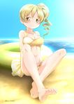  abutomato beach bikini blonde_hair blue_sky blush breasts cleavage closed_mouth cloud collarbone commentary_request day drill_hair feet halterneck highres innertube large_breasts legs long_hair looking_at_viewer magia_record:_mahou_shoujo_madoka_magica_gaiden mahou_shoujo_madoka_magica navel ocean outdoors sand shiny shiny_hair shiny_skin side_ponytail sitting sky smile solo swimsuit thighs toes tomoe_mami water yellow_bikini yellow_eyes 