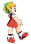  android atonamu bangs blonde_hair blue_eyes blunt_bangs bow child commentary_request full_body green_bow hair_bow hair_ornament hands_together high_ponytail highres hood hood_down hooded_dress long_hair ponytail red_footwear rockman rockman_(classic) rockman_11 roll sidelocks simple_background smile solo standing white_background 