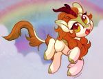  2018 autumn_blaze_(mlp) celebi-yoshi cloud cute digital_media_(artwork) dipstick_ears eyelashes facial_scales female feral green_scales hair happy head_tilt hooves horn kirin looking_at_viewer mane my_little_pony open_mouth open_smile orange_hair outside quadruped rainbow scales signature sky smile solo suspended_in_midair yellow_eyes 
