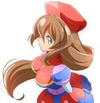  android beret breasts brown_hair commentary_request dress from_above green_eyes hair_between_eyes hat iris_(rockman_x) large_breasts long_hair looking_at_viewer ngv3553 red_hat rockman rockman_x rockman_x4 simple_background smile solo white_background 