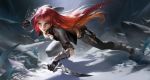  black_gloves black_pants breasts cleavage commentary dagger dog_tags gloves green_eyes highres katarina_du_couteau lao_wang league_of_legends leaning_forward long_hair pants parted_lips red_hair solo vambraces weapon 